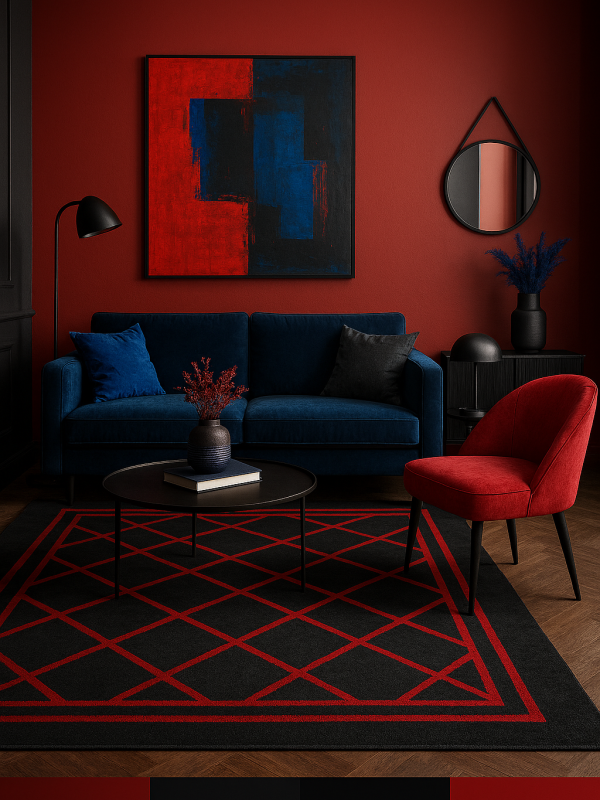 a stylish living room interior design .. in red black and royal blue